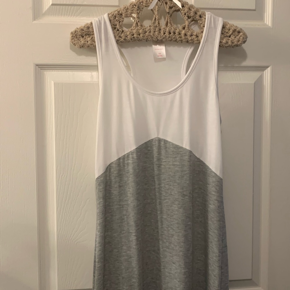 XHILARATION MAXI PATIO DRESS-TRI-COLOR SZ L KNIT SIDE SLITS NAVY/GRAY/WHITE